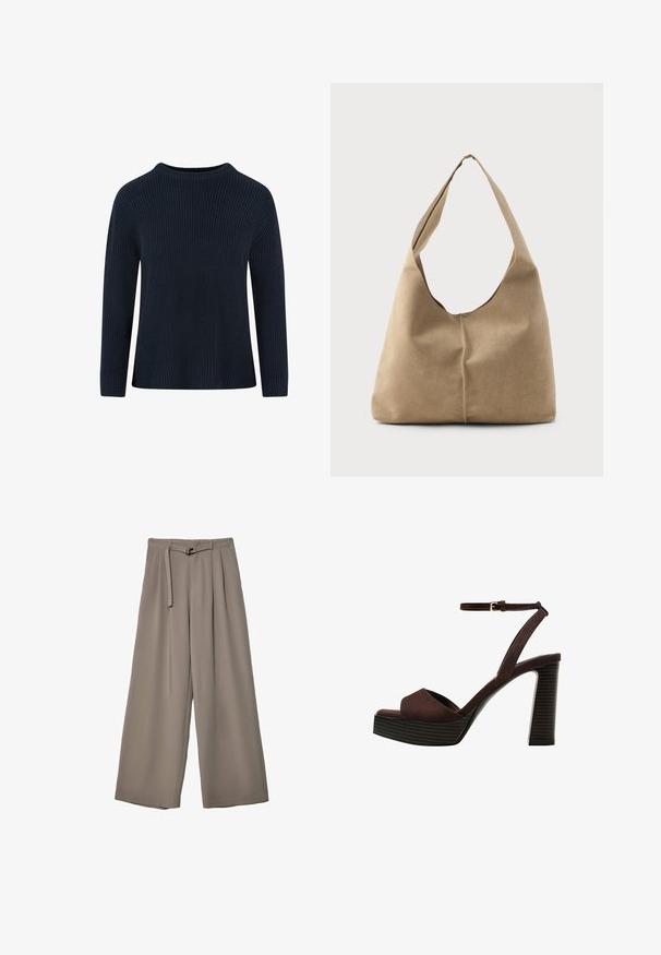 Merinovillasta neulottu tummansininen pusero, jossa on pyöreä kaula-aukko, ribattua pintaa, pitkät hihat ja rento istuvuus. Ei näkyviä kuvioita tai koristeita.; Suurille lahkeille housuille pehmeässä, hillityssä harmaassa kankaassa, jossa on vyötäröllä vyö ja lisää muotoilun yksityiskohtia kuploissa. Sileä rakenne, ei kuvioita.; Ruske kožne sandale s visokom potpeticom, otvorenim prstima, podesivim kopčanjem oko gležnja i prugastim platformskim đonom.; Hobo-laukku pehmeästä beige-suedesta, jossa on löysä muoto, leveä olkahihna ja käsinommeltu sauma edessä.