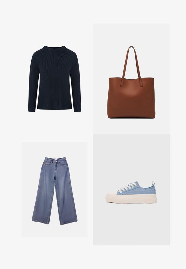 Pulover tricotat bleumarin cu guler rotund, textură ribbată, mâneci lungi și croială lejeră. Fără modele sau accente vizibile.; Jeans din denim cu picioare largi într-o nuanță de albastru deschis, având talie înaltă, buzunare frontale și închidere cu nasture și bucle pentru curea.; Sneakers din pânză de culoare albastru deschis, cu vârf și talon din cauciuc crem, având șireturi albe și un maner pe călcâi.; Geantă de umăr din piele maro cu o textură netedă, design cu vârf deschis și două curele pentru umăr. Prezintă cusături minime și fără componente metalice vizibile.