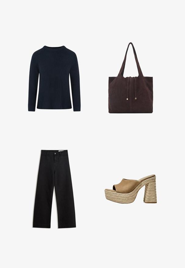 Maglione lavorato a maglia blu navy con collo rotondo, texture a coste, maniche lunghe e vestibilità comoda. Nessun motivo o dettaglio visibile.; Pantaloni in denim neri a gamba larga con vita alta, dotati di tasche anteriori e posteriori, cuciture a punto, e chiusura con bottone. Texture liscia.; Mule in suede marrone con platform e punta aperta, dotati di un tacco in juta intrecciata chunky e un design superiore liscio e arrotondato.; Mango Shopping bag - dark brown