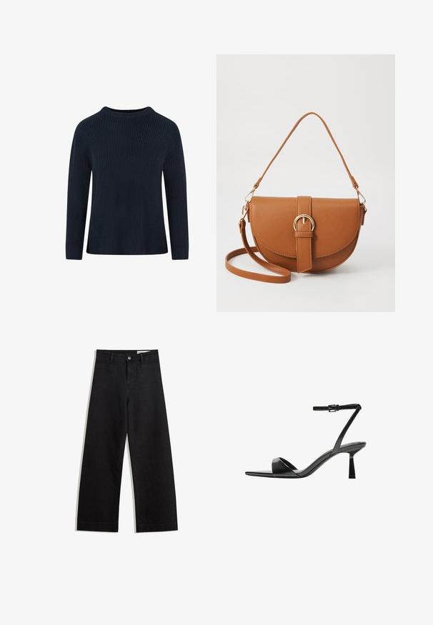 Marineblauwe gebreide trui met een ronde halslijn, ribbeltextuur, lange mouwen en een ontspannen pasvorm. Geen zichtbare patronen of accenten.; Zwarte denim broek met wijde pijpen en een hoge taille, voorzien van voor- en achterzakken, gestikte naden en een knoopsluiting. Gladde textuur.; Bershka Sandalen met hoge hak - black; Bruine leren schoudertas met een gebogen vorm, gouden hardware en een gespaccent. Bevat een afneembare schouderriem.