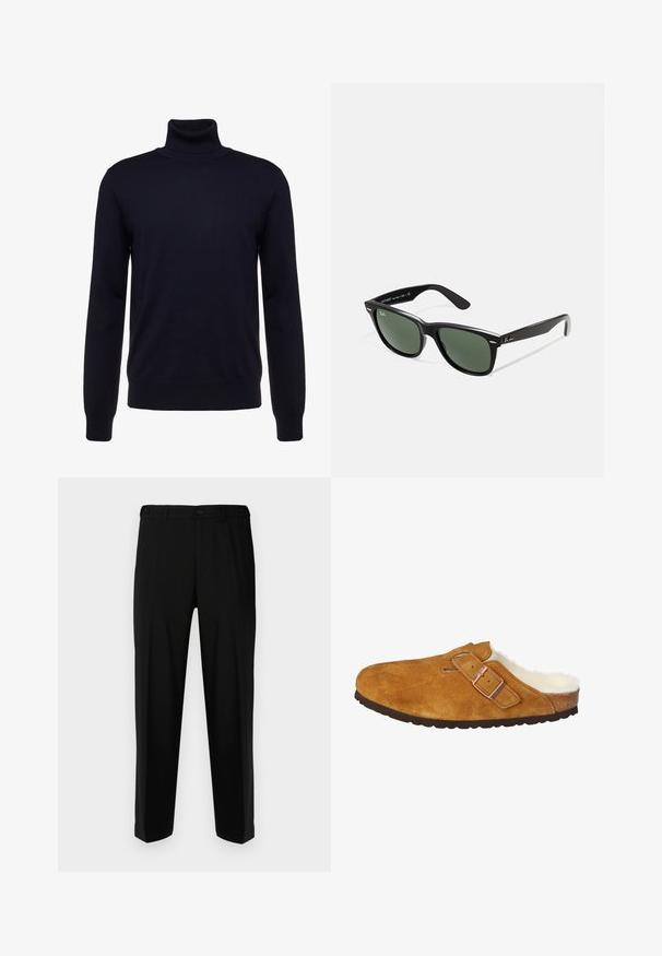 Maglione a collo alto navy realizzato in tessuto morbido, con maniche lunghe, colletto aderente e polsini e orlo ribattuti. Senza fantasie né dettagli.; Pantaloni neri realizzati in tessuto liscio, con una vestibilità dritta, due tasche frontali e una chiusura con zip e bottone.; Zoccoli in suede marrone con fodera in shearling, fibbia metallica regolabile e suola in gomma testurizzata. Design minimalista e forma arrotondata.; Occhiali da sole in plastica nera con lenti verdi, montatura quadrata, dettaglio argento sulla parte superiore e steli con texture. Marchio indicato sulla parte interna dello stelo.