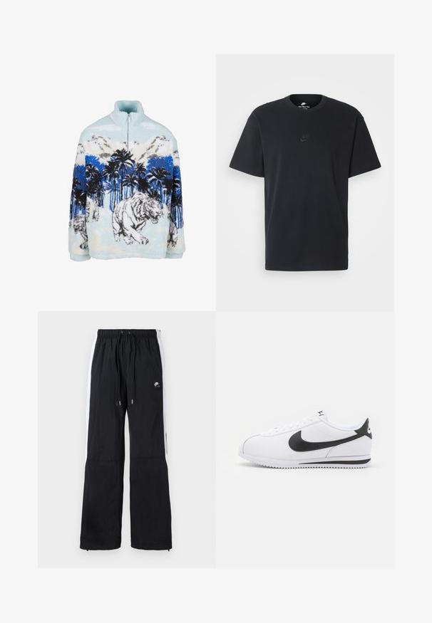 Pulover din fleece cu guler înalt, având un design cu tigru albastru și alb printre palmieri și munți. Textură moale și pufoasă.; Tricou din bumbac negru Nike, cu guler rotund clasic, mâneci scurte și un logo subtil embosat pe piept. Textură netedă.; Pantaloni sport negri cu talie elastică, dungi laterale albe, manșete cu fermoar și un detaliu de logo cauciucat pe partea din față.; Adidași din piele albă cu logo-ul Nike în negru, șireturi plate și talpă din cauciuc texturat. Vârf rotunjit și guler căptușit pentru confort.
