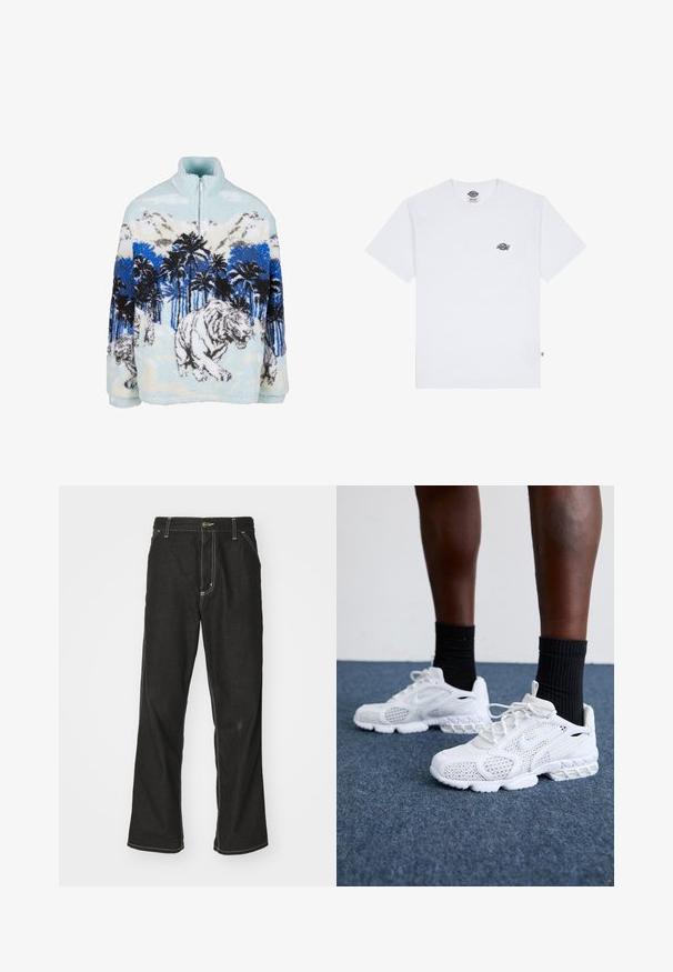 Pulover iz flisa z visokim ovratnikom, ki prikazuje modro in belo tigerjevo zasnovo med palmami in gorami. Mehak, puhast tekstura.; Bela bombažna majica s kratkimi rokavi,ki ima majhen črn logotip na prsih in oznako v spodnjem levem kotu.; Črne jeans hlače ohlapenega kroja, ki imajo kontrastno belo šivanje, zapiranje na gumb in ravno nogavico.; Bela športna obutev z mrežasto zgornjim delom, teksturiranimi detajli in oblazinjenim podplatom. V kombinaciji s črnimi rebrastimi gležnjarji na modri preprogi.
