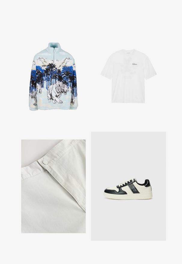 Pullover in pile con collo alto, caratterizzato da un design di tigre blu e bianca tra palme e montagne. Texture morbida e pelosa.; T-shirt bianca in cotone a maniche corte, con stampa frontale che riporta la scritta "Vola verso la Tranquillità" in nero e verde.; Tessuto di cotone bianco con chiusura a bottone in vita, caratterizzato da una leggera trama e dettagli cuciti lungo le cuciture.; Sneakers in pelle con una combinazione di colori nero e crema, dotati di dettagli perforati, collare imbottito e suola testurizzata.