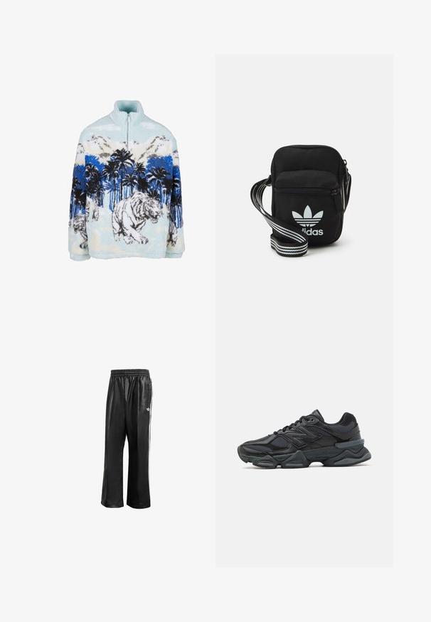 Fleece kreklu ar augstu apkakli, kurā attēlots zils un balts tīģeris starp palmu kokiem un kalniem. Mīksta, pūkaina tekstūra.; Melnas sintētiskas sporta bikses ar elastīgu jostasvietu, ar baltām sānu svītrām un mazu baltu logo kreisajā gurnā.; Melna skriešanas apavi ar jauktu acu audumu un sintētiskiem materiāliem, masīvu zoli, izliekta dizaina elementiem un izteiktu zīmola logotipu uz sāniem.; Melna auduma crossbody soma ar rāvējslēdzēja aizdari, kurai ir balts Adidas logo un svītrainas regulējamas siksnas ērtiem pārvietošanās veidiem.