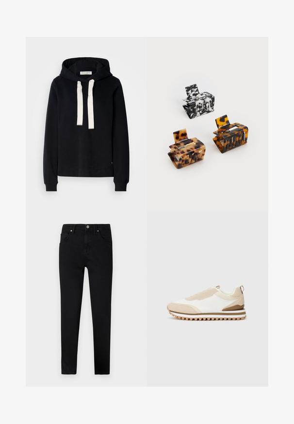 Sweatshirt preto com capuz, com um bolso canguru frontal, cordões brancos e punhos canelados. Apresenta um rótulo de logótipos perto da bainha.; Jeans de ganga preta com um corte slim, apresentando um fecho frontal por botão, passantes para cinto e design clássico de cinco bolsos. Textura suave.; Sapatilha de cano baixo bege e branca com sola texturizada e puxador na parte de trás, exibida sobre um fundo claro uniforme, vista lateral.; Três ganchos de cabelo: um em mármore preto e branco, dois em padrão tartaruga nas tonalidades castanha e preta, todos feitos de plástico brilhante com um acabamento texturizado.