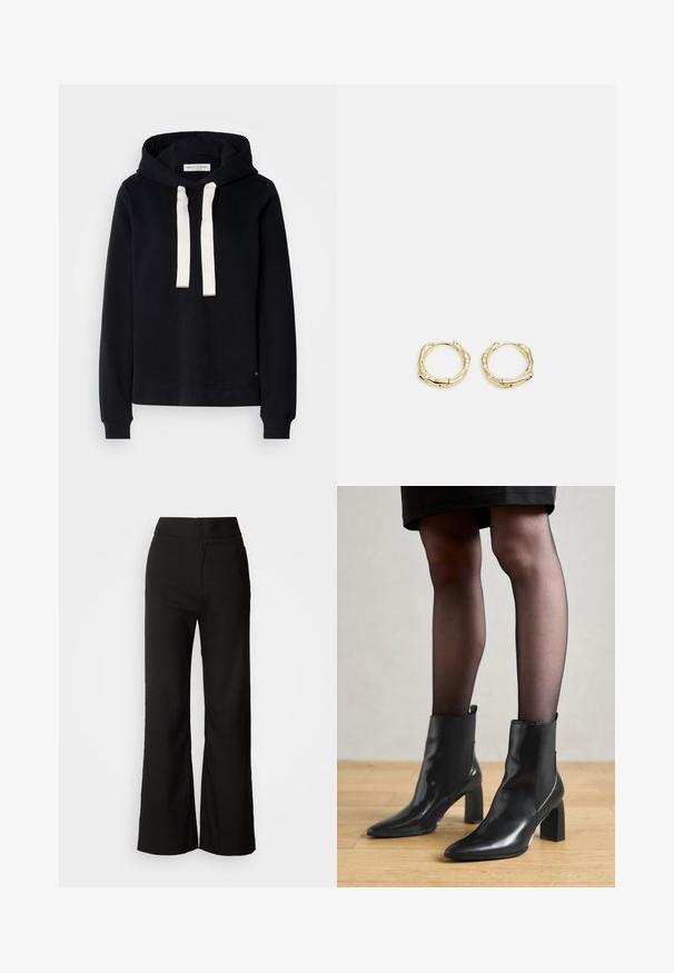 Melnā kapuce ar priekšējo kangarū paciņu, baltām auklām un ribotām piedurknēm. Iekļauj logo uzlīmi netālu no apakšmalas.; Melni platlegu bikses ar gludu tekstūru, augsto vidukli un tīru dizainu. Nav redzamu kabatu vai rotājumu.; Melni ādas potīšu zābaki ar izdilušu purngala formu, masīvu kvadrātveida papēdi un elegantu dizainu. Iekļautas elastīgas sānu paneļi, kas nodrošina ērtu uzvilkšanu.; Zelta riņķveida auskari ar tekstūru un neregulāru formu. Iekļauj bezšuvju aizdari un pulētu virsmas apdari, uzsverot mūsdienīgu dizainu.