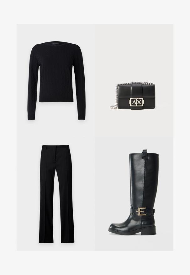 Czarny sweter dzianinowy z wzorem w romby, długie rękawy, okrągły dekolt oraz ściągacze u rękawów i u dołu. Wykonany z miękkiego, teksturowanego materiału.; Czarne spodnie w prostym kroju wykonane z gładkiego materiału, z płaskim przodem, z paskami do paska i bez widocznych kieszeni czy ozdób.; Czarne skórzane kozaki do kolan z niskim obcasem w kształcie bloku, ozdobnym złotym paskiem z klamrą wokół kostki oraz pętelką u góry.; Czarna skórzana torebka z pikowanym wzorem, srebrnym łańcuszkiem i wyraźnym srebrnym logo "AX" z przodu. Kompaktowy prostokątny kształt.