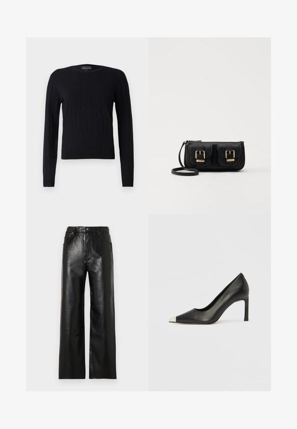 Pulover tricotat negru cu un model în diamante, mâneci lungi, decolteu clasic și manșete și tiv cu brâu. Realizat dintr-un material moale și texturat.; Pantaloni negri din piele cu croială largă, cu finisaj lucios, prevăzuți cu buzunare frontale, fermoar și închidere cu nasture. Textură netedă pe toată suprafața.; Pantof cu toc înalt din piele neagră, cu vârf ascuțit și un capac metalic argintiu. Are un finisaj neted și un toc subțire de 10 cm.; Geantă neagră din piele, tip crossbody, cu două buzunare frontale, catarame aurii, închidere cu fermoar și o curea subțire. Suprafață texturată și formă rectangulară compactă.