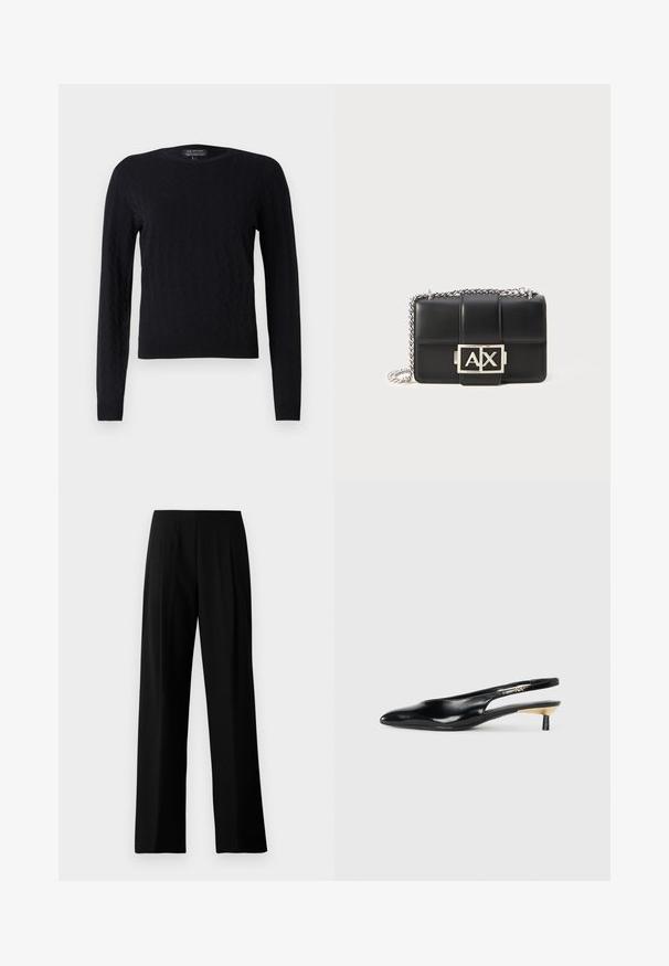 Juodas megztinis su deimanto raštu, ilgomis rankovėmis, apvalia iškirpte ir lygiais rankogaliais bei apačia. Pagamintas iš minkštos, tekstūruotos medžiagos.; Juodos plačios kelnės pagamintos iš lygios medžiagos, su plokščiu juosmeniu ir priekinėmis klostėmis, suteikiančiomis šiuolaikišką išvaizdą. Nėra matomų detalių ar raštų.; Juodos slingback aukštakulniai su pailgu pirštu, blizgi odinė apdaila ir mažas kulnas su auksiniu akcentu. Išmanus dizainas su atviru nugara.; Juodas odinis rankinukas su siuvinėtu raštu, sidabriniu grandinės dirželiu ir ryškiu sidabriniu "AX" logotipu priekyje. Kompaktiška stačiakampio formos.