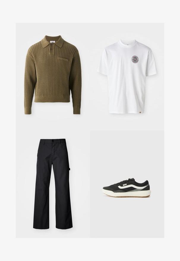 Pleteni pulover v olivno zeleni barvi z teksturiranim vzorcem, ovratnikom in zapenjanjem na tri gumbe. Ima rebraste manšete in rob.; Bela bombažna majica s krožnim logotipom na prsih. Ovratnik v krogu, kratki rokavi, sproščen kroj, z rdečimi in črnimi detajli.; Črne široke hlače iz trpežnega materiala. Imajo gumbasto zapiranje in stranske žepe. Gladka tekstura z jasnim dizajnom.; Črne superge z belimi detajli, ki imajo gladek sintetični zgornji del, okroglo obliko in gumijast podplat, v kombinaciji s svetlobezžno hlačami.