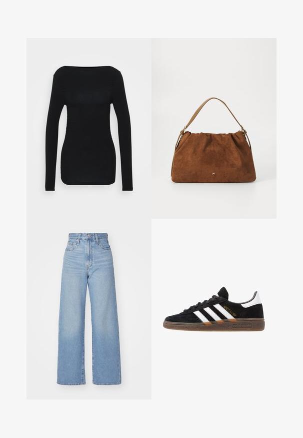 Melnas garām piedurknēm blūze, izgatavota no elastīga materiāla, ar apaļu kakla izgriezumu un savilktām detaļām sānos, nodrošinot pieguļošu siluetu.; Gaiši zili augstās jostas vidukļa platās bikses ar priekšējo pogu un rāvējslēdzēju, priekšējām un aizmugurējām kabatām uz baltā fona.; Melnas Adidas sporta kurpes ar baltām svītrām, zelta "Spezial" uzrakstu, gumijas zoli un baltu papēža daļu, attēlotas profila skatījumā.; Brūna zamšāda soma ar savilkšanas dizainu, kurai ir viena gaiši brūna ādas siksna un smalka zelta logo detaļa priekšpusē.