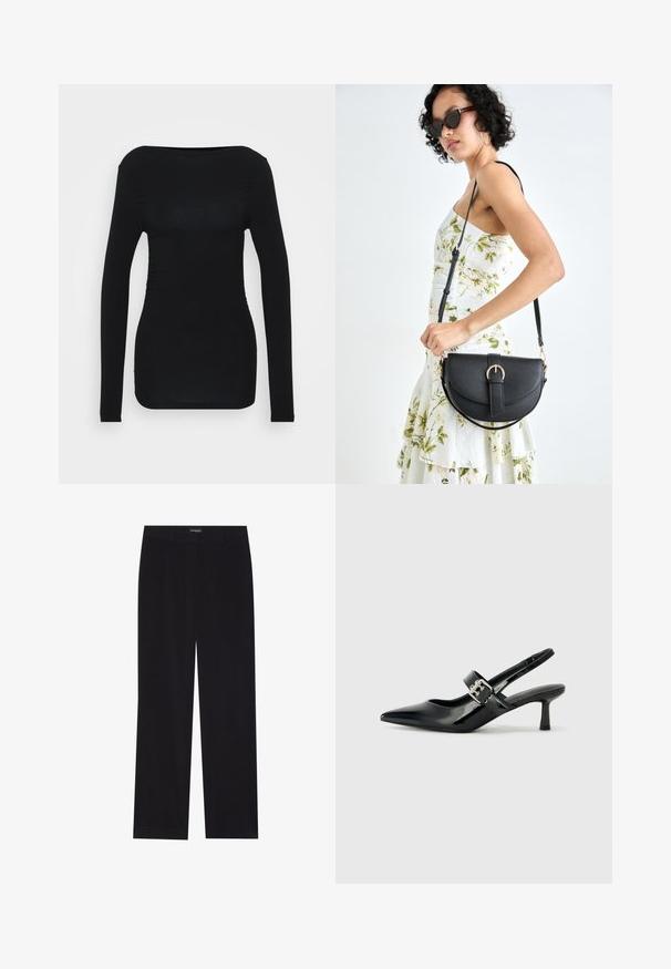 Svart langermet topp laget av elastisk materiale, med rund halslinning og samlet detaljering langs sidene for en tettsittende silhuett.; Sorte kordfløyelsbukser med rett snitt, med flat midje og ingen synlige lommer, glatt tekstur og vertikal ribbestruktur.; Svarte patent lær slingback hæler med spiss tå og en liten blokkheel, med en sølvspenne som detalj på stroppen.; Svart lærveske med en buet form, avtagbar stropp og gullbeslag. Vesken har et klaff med spenne-detall.; Gullfarget metalløredobber med et elegant, buet design. Har en karakteristisk spiss form, polert overflate og hengsel-lukking.