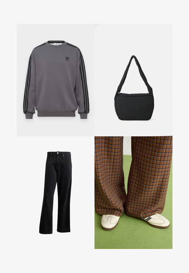 Sweatshirt cinza feito de tecido macio, com decote redondo, detalhes em três riscas pretas ao longo das mangas e um pequeno logótipo preto no peito.; Jeans de ganga preta com um design de perna reta, apresentando bolsos frontais, fecho de botão e uma leve textura. Inclui um detalhe de logótipo discreto.; Calças largas em padrão xadrez castanho e azul, combinadas com sapatos brancos com detalhes pretos e solas texturizadas, contra um fundo verde.; Saco preto de ombro com uma textura almofadada, uma forma arredondada e uma alça larga, apresentando um logótipo em relevo na parte da frente.