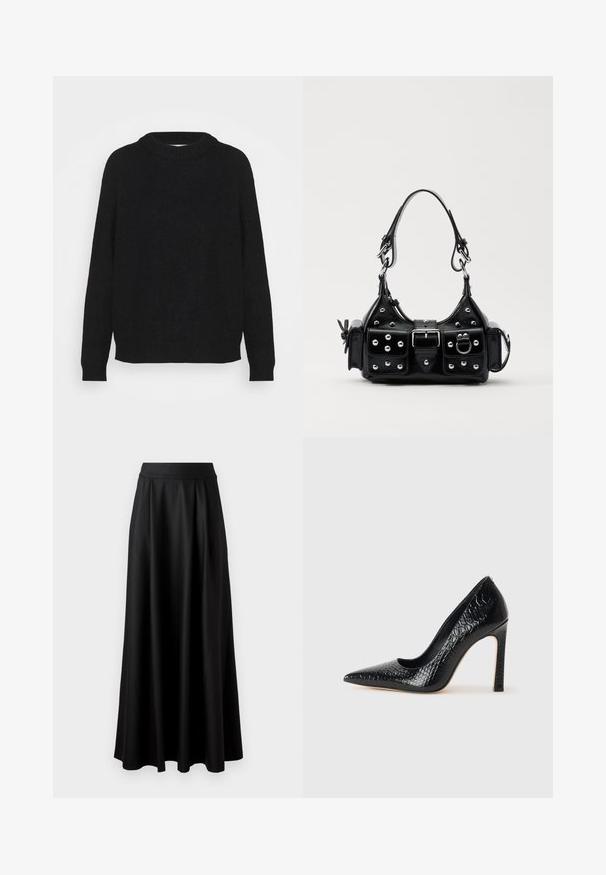 Black sweater made of soft fabric, featuring a round neckline, long sleeves, and ribbed cuffs and hem. Simple, unembellished design.; Black, floor-length skirt with a smooth texture, wide waistband, and pleated design, featuring no visible patterns or embellishments.; Black pointed-toe high heel shoe with a crocodile-skin texture, featuring a sleek design, high stiletto heel, and smooth black interior.; Black leather handbag with a curved design, featuring silver studs, a buckle, and two side pockets. Adjustable strap for carrying options.