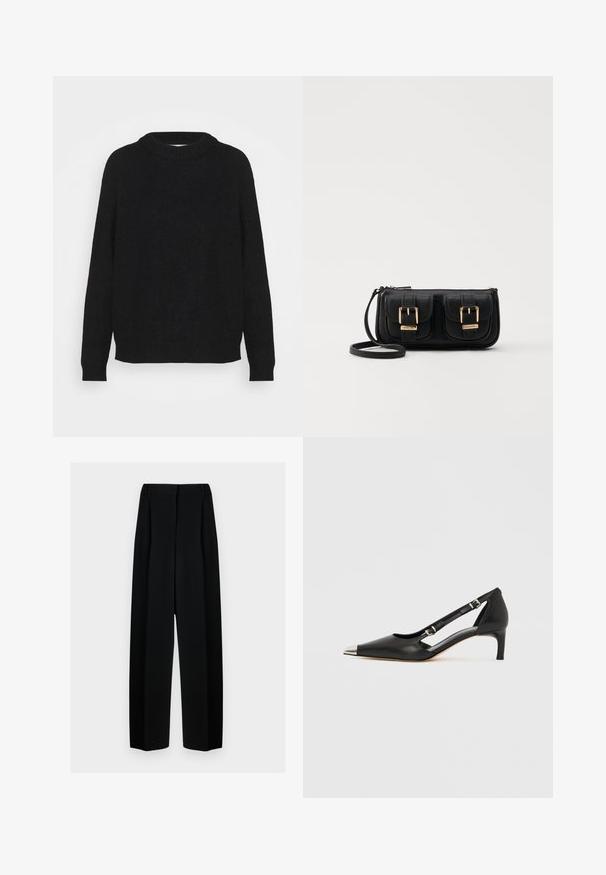 Juodas megztinis iš minkštos medžiagos, turintis apvalų iškirpimą, ilgomis rankovėmis bei raukšlėmis rankogaliuose ir apačioje. Paprastas, nepuošnintas dizainas.; Juodos plačios kelnės su aukštu liemeniu, su klostėmis ir glotnia tekstūra. Medžiaga atrodo lengva ir dailiai krenta.; Juodos odos bateliai su žemu kulniuku, smailiu sidabro spalvos pirštinės gaubtu ir dvigubais dirželiais, ant balto fono.; Juodas odinis per petį nešiojamas krepšys su dviem priekiniais kišenėmis, auksiniais sagtimis, užtrauktuko uždarymu ir siauromis petnešomis. Textūruota paviršius ir kompaktiškas stačiakampis formatas.