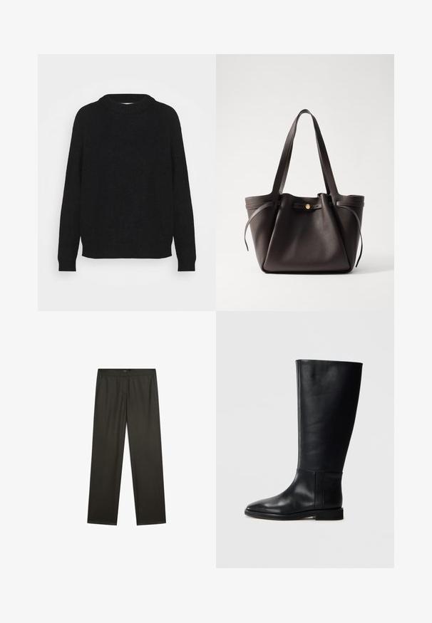 Black sweater made of soft fabric, featuring a round neckline, long sleeves, and ribbed cuffs and hem. Simple, unembellished design.; Dark green, wide-legged trousers with a smooth texture, elastic waistband, and side pockets. Simple design with no visible patterns or hardware.; Black leather knee-high boot with a rounded toe, smooth texture, minimalistic design, and a flat sole. Simple seam details on the shaft.; Dark brown leather tote bag with two sturdy handles, a cinched top, and a gold-tone button closure. Textured surface with minimal accents.