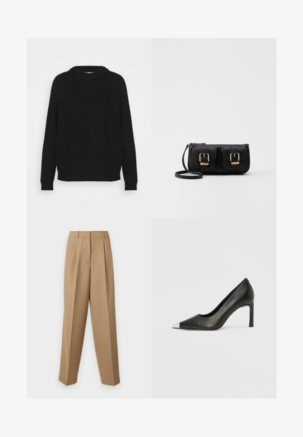 Svart tröja i mjukt tyg, med rund halsringning, långa ärmar och ribbade muddar och fåll. Enkel, odekorerad design.; Beige skräddarsydda byxor med hög midja, veckad framdel och vida ben. Tyget verkar slätt med en lätt lyster.; Svart skinnsko med hög klack, spetsig tå och metallisk silverhätta. Har en slät yta och en smal klack på 10 cm.; Svart läderaxelväska med två framfickor, guldspännen, dragkedjestängning och en smal rem. Texturerad yta och kompakt rektangulär form.