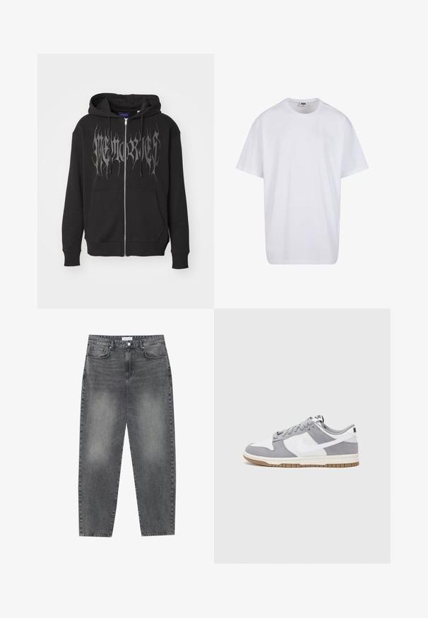 Svart hettejakke med glidelås laget av bomullsblanding. Har en stor sølvfarget grafisk tekst på forsiden, kengurulomme og hette med snor.; Hvit bomull t-skjorte med korte ermer, rund utringning, avslappet passform, og ingen synlige logoer eller mønstre. Glatt tekstur og minimalistisk design.; Høyt liv, løstsittende jeans i falmet svart denim. Har fem lommer, beltehemper og et rent, rett ben-design.; Grå og hvite sneakers med overdel i semsket skinn og lær, rund tå, flate lisser, og gummisåle med gummibelegg.
