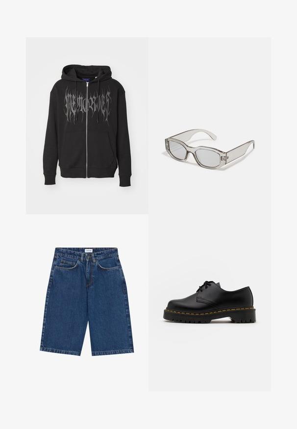 Čierna mikina na zips z bavlnenej zmesi. Obsahuje veľký strieborný grafický nápis na prednej strane, klokanie vrecko a kapucňu na šnúrku.; Džínové šortky v tmavomodrej farbe, s dizajnom piatich vreciek, rovný strih a viditeľné švy. Hladká textúra a stredne vysoký pás.; Čierna kožená šnurovacia topánka s okrúhlou špičkou, štruktúrovanou gumovou podrážkou a žltým prešitím okolo základne. Plný dizajn a hladký povrch.; Sivá priehľadná slnečné okuliare s obdĺžnikovým tvarom, plochými šošovkami a hrubými ramienkami. Obsahujú jemný detail pántu na spánkoch.
