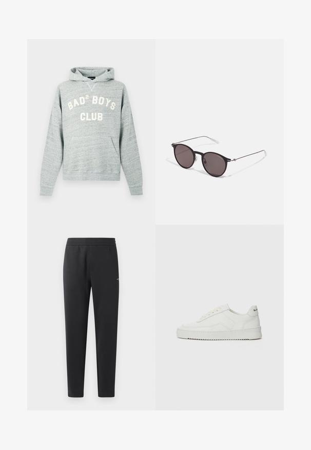 Vaaleanharmaa hupullinen collegepaita, jossa etutasku ja valkoinen teksti "BAD² BOYS CLUB" rinnassa.; Mustat verkkarit, jotka on valmistettu pehmeästä kankaasta. Niissä on joustava vyötärö, suorat lahkeet ja pieni logo-yksityiskohta sivulla.; Valkoinen nahkakenkä, jossa on sileä pinta, pyöreä kärki, tasaiset nauhat ja teksturoitu pohja. Sisältää huomaamattoman logon kantapäässä.; Musta pyöreä aurinkolasit tummilla linsseillä ja kapeilla metallikehyksillä. Sisältää kirkkaat temppelet ja hopeiset yksityiskohdat saranassa. Minimalistinen muotoilu.