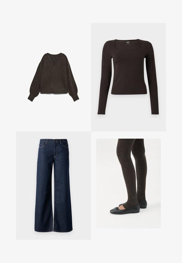 Brown, chunky knit sweater with a V-neck, wide sleeves, and ribbed hem. Soft texture, cropped design, suitable for layering.; Black long-sleeve, fitted top with a square neckline, labeled GAP, displayed on a white background.; Wide-leg jeans in dark blue denim. Features contrast stitching, five pockets, and a button closure at the waist. Smooth texture.; Black flat shoes with a small bow detail at the toe, paired with dark brown ribbed tights. Shoes have a smooth texture and low profile.
