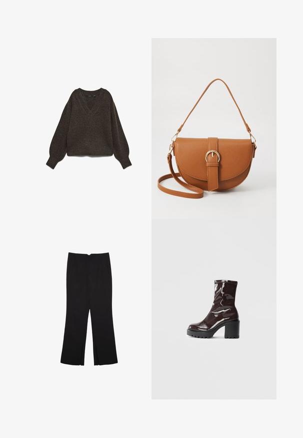 Bruine, grofgebreide trui met een V-hals, wijde mouwen en een geribde zoom. Zachte textuur, cropped ontwerp, geschikt om te combineren in laagjes.; Zwarte broek met een rechte pasvorm, voorzien van zijzakken en plooien aan de onderzijde. Gemaakt van zachte, gladde stof. Geschikt voor verschillende gelegenheden.; Glanzende bordeauxrode enkelboot met een chunky zwarte hak, met een gladde textuur en een eenvoudig ontwerp. Geen zichtbare sluitingen of patronen.; Bruine leren schoudertas met een gebogen vorm, gouden hardware en een gespaccent. Bevat een afneembare schouderriem.
