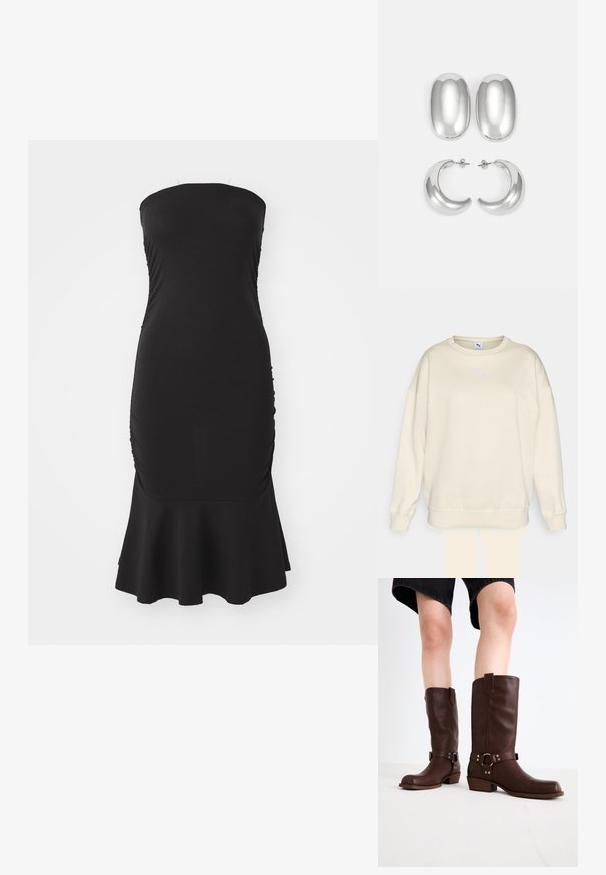 Beige genser med klassisk rund hals, løs passform og ribbede mansjetter. Har en liten, lilla Puma-logo på brystet. Myk tekstur.; Svart stramkjole uten stropper laget av elastisk stoff, med rynker langs sidene og en utflared kant. Jevn tekstur med en tettsittende silhuett.; Brune lærknesko med rund tå, teksturert overflate, ankelrem og detaljer i sølv; stablet hæl.; Sølvfargede øredobber sett: to ovale stifter og to halvmåneformede hoops, med en glansfull, glatt overflate og en rund design.