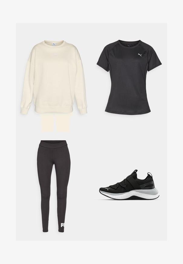 Beige genser med klassisk rund hals, løs passform og ribbede mansjetter. Har en liten, lilla Puma-logo på brystet. Myk tekstur.; Svart treningst-skjorte med korte ermer og rund hals, laget av glatt stoff, med en liten hvit logo på venstre brystområde.; Sorte leggins laget av elastisk stoff, med høy midje og en hvit logo trykt på nedre venstre ben. Glatt tekstur.; Sorte treningssko med en teksturert overdel, elastiske stropper og en tykk hvit mellomsåle. Har en grå aksent langs sålen.