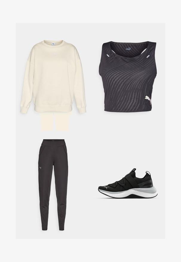 Beige sweatshirt with a classic crew neck, loose fit, and ribbed cuffs. Features a small, purple Puma logo on the chest. Soft texture.; Black sleeveless athletic top featuring a textured wave pattern, small holes for breathability, and a contrasting logo on the hem.; Black athletic leggings made of stretchy fabric, featuring a high waistband, side pockets, and a small reflective logo on the left thigh.; Black athletic shoe with a textured upper, elastic straps, and a thick white midsole. Features a grey accent along the sole.