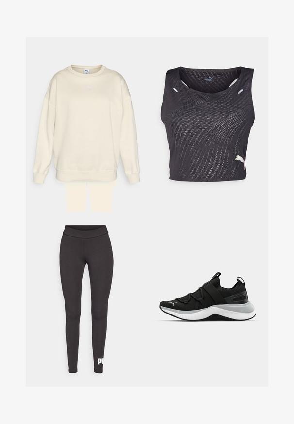 Beige sweatshirt met een klassieke ronde hals, losse pasvorm en ribgebreide manchetten. Bevat een klein, paarse Puma-logo op de borst. Zachte textuur.; Zwarte mouwloze sporttop met een gestructureerd golfpatroon, kleine gaatjes voor ventilatie en een contrasterend logo op de zoom.; Zwarte leggings van rekbaar materiaal, met een hoge tailleband en een wit logo dat op het onderste deel van het linkerbeen is gedrukt. Glad materiaal.; Zwarte sportschoen met een gestructureerde bovenkant, elastische banden en een dikke witte tussenzool. Heeft een grijze accent langs de zool.