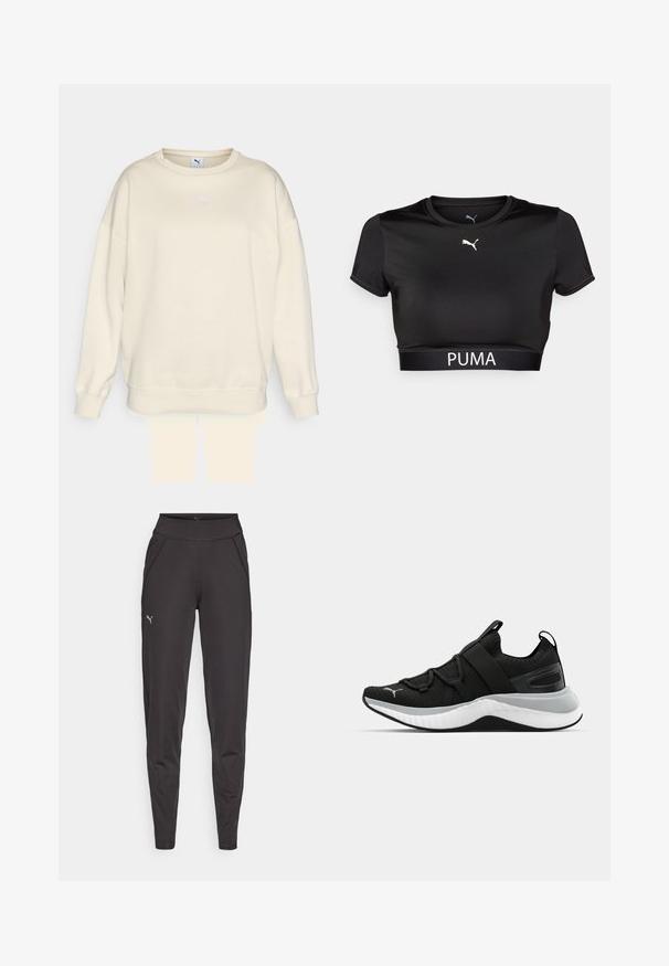 Sudadera beige con cuello redondo clásico, corte holgado y puños acanalados. Presenta un pequeño logotipo de Puma morado en el pecho. Textura suave.; Camiseta negra recortada hecha de tejido suave, con escote redondo, mangas cortas y un logo de PUMA en blanco en la banda.; Leggings deportivos negros hechos de tela elástica, con una cinturilla alta, bolsillos laterales y un pequeño logo reflectante en el muslo izquierdo.; Zapato deportivo negro con parte superior texturizada, correas elásticas y una suela intermedia blanca gruesa. Presenta un acento gris a lo largo de la suela.