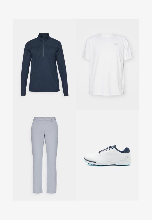 Temno modra dolga majica s puloverjem in visokim ovratnikom ter pol zadrgo spredaj. Ima teksturirano tkanino in kontrastne šive.; Bela kratka športna majica s kratkimi rokavi, izdelana iz gladkega blaga. Ima okroglo ovratnico in sivo logotip na levi prsi ter stranske razpoke na robu.; Svetlo sivi hlače ravnega kroja, s zapiranjem na gumb, sprednjimi žepi in gladkim, strukturiranim materialom. Minimalističen dizajn, brez vzorcev.; Bela športna obutev z gladkim sintetičnim zgornjim delom, modrimi akcenti, teksturiranim mornarsko modrim petnim delom in lahkim podplatom z bodicami za oprijem.
