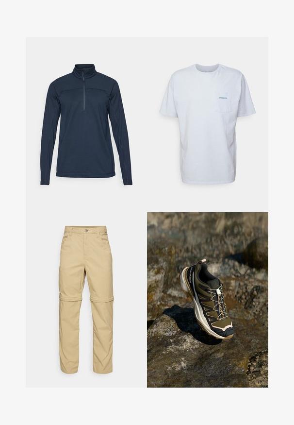 Suéter de manga larga azul marino con un alto cuello y media cremallera en la parte delantera. Presenta una tela texturizada y un detalle de costura en contraste.; Camiseta de algodón blanca de manga corta, con cuello redondo y un bolsillo en el pecho izquierdo que presenta un logotipo azul de "Patagonia". Corte clásico con una textura suave.; Pantalones beige desmontables con una textura suave, que presentan dos bolsillos laterales, un cierre de botón y puños enrollables para mayor versatilidad.; Zapato de senderismo en verde oliva y negro con toques de rosa. Cuenta con una parte superior texturizada, suela flexible, capuchón de punta reforzado y un sistema de cordones colorido.