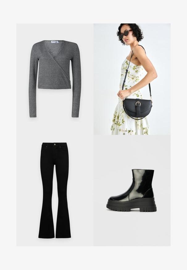 Harmaa, pitkähihainen kietoutuva paita pehmeästä, teksturoidusta kankaasta. Ominaisuuksiin kuuluu V-mallinen kaula-aukko ja lyhyt muotoilu, joka luo tiukan siluetin.; Mustat korkeavyötäröiset farkut nappi- ja vetskariyläosalla, etutaskuilla ja levenevillä lahkeilla, asetettuna tasaisesti valkoista taustaa vasten.; Musta kiiltävä nilkkuri paksulla karkealla pohjalla ja pyöristetyllä kärjellä, sivukuva vaaleanharmaalla yksinkertaisella taustalla.; Musta nahkainen käsilaukku, joka on kaareva muotoilultaan, irrotettavalla hihnalla ja kultaisilla yksityiskohdilla. Laukussa on läppä, jossa on solk yksityiskohta.