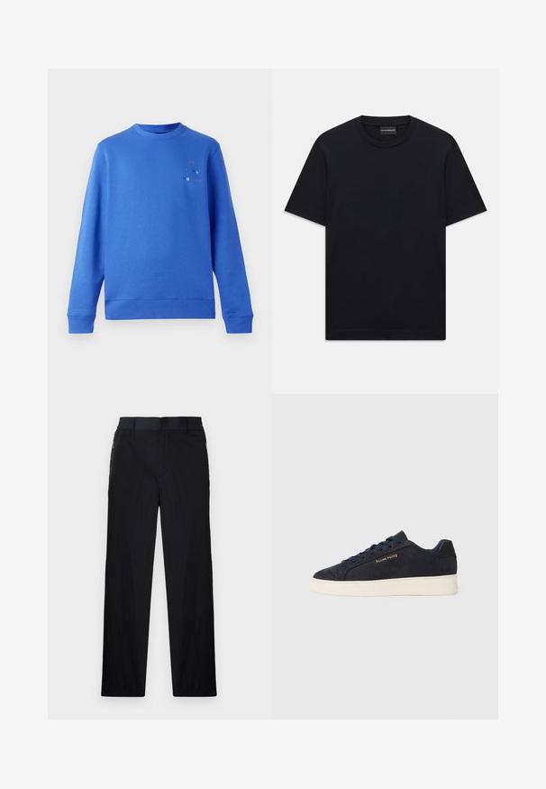 Sinine särk ümmarguse kaeluse, ribidega mansettide ja alläärega. Ülemises vasakus nurgas on mitmevärviline "Paul Smith" logo. Sile tekstuur.; Must ja lühikeste varrukatega T-särk ümaratest kaelusest, diskreetne reljeefne logo disain, mis on keskendatud rinnale, ja kaubamärgiga silt kaeluses.; Mustad püksid, millel on kerge, tekstuuriga kangas, sirge jala disain, elastne vöökoht ja küljetaskud sipsiga.; Tumedat sinine seemisnahast madala profiiliga tennis, valge tossutald, tumesinised paelad ning küljes kuldne "Filling Pieces" logo.