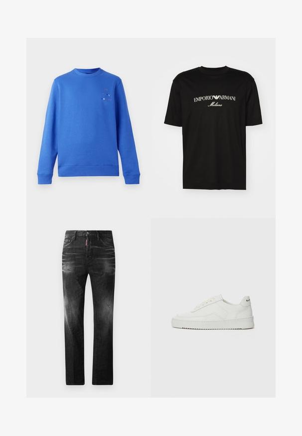 Kék pulóver kerek nyakkivágással, bordás mandzsettákkal és derékvezetéssel. A bal felső részen színes „Paul Smith” logó található. Simaszerkezet.; Fekete pamut póló, kerek nyakkal, rövid ujjakkal, rajta fehér "EMPORIO ARMANI" logó, a "Milano" felirattal ívelt formában.; Fekete farmernadrág egyenes szabással. Fakadó területek, kisebb kopások, klasszikus öt zsebes kialakítás és gombos zárás jellemzi.; Fehér bőr sportcipő sima felülettel, kerek orral, lapos fűzőkkel és texturált talppal. Finom logó található a sarokon.