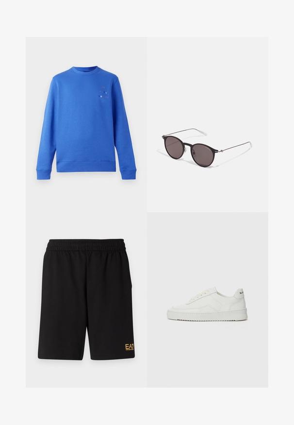 Kék pulóver kerek nyakkivágással, bordás mandzsettákkal és derékvezetéssel. A bal felső részen színes „Paul Smith” logó található. Simaszerkezet.; Fekete sportnadrág puha anyagból, rugalmas derékkal és egy kis sárga EA7 logóval a bal alsó lábszáron.; Fehér bőr sportcipő sima felülettel, kerek orral, lapos fűzőkkel és texturált talppal. Finom logó található a sarokon.; Fekete kerek napszemüveg sötét lencsékkel és karcsú fém szárakkal. Átlátszó szárvégeket és ezüst részleteket tartalmaz az ívnél. Minimalista dizájn.