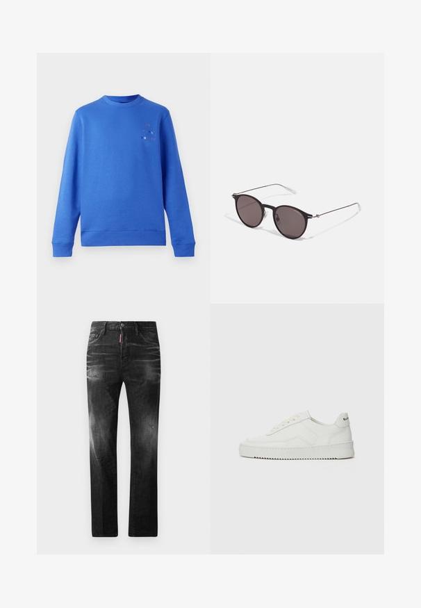 Blue sweatshirt with a crew neck, ribbed cuffs, and hem. Features a multicolored “Paul Smith” logo on the upper left. Smooth texture.; Black denim jeans with a straight fit. Features faded areas, minor distressing, classic five-pocket design, and a button closure.; White leather sneaker with a smooth finish, round toe, flat laces, and a textured sole. Features a subtle logo on the heel.; Black round sunglasses with dark lenses and slim metal arms. Includes clear temple tips and silver accents at the hinge. Minimalist design.