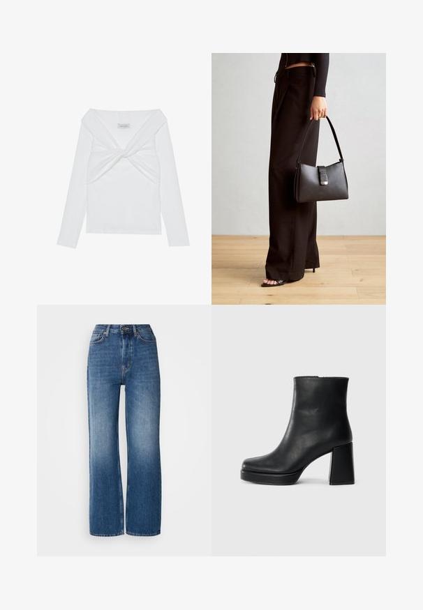 Hvit ripet langermet topp med tvistet frontdesign, med bred utringning og sømløse kanter. Merke: Anna Field.; Høytlivde, vide ben, blå denimjeans med gradientvask, kobbersting, frontlukking med knapp og fem lommer.; Sorte skinnankelsko med blokkhæl og plattformsåle, sett fra siden på en enkel hvit bakgrunn.; Svart håndveske med strukturert form, jevn tekstur og metallisk lås. Kombinert med brede svarte bukser og sandaler med åpen tå på tregulv.