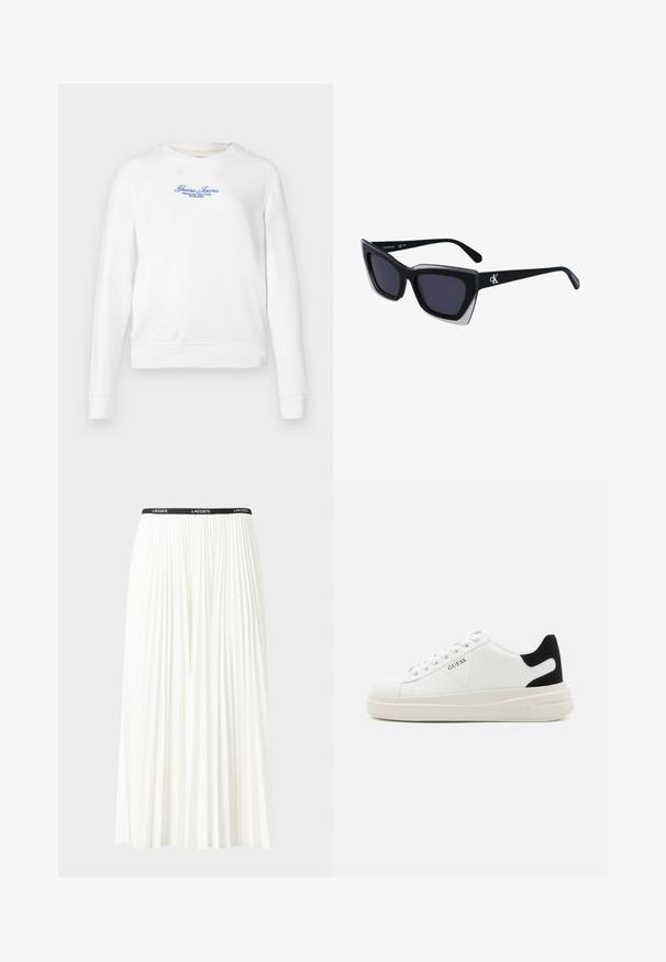 Sweatshirt blanc à manches longues, col rond, avec des poignets et un ourlet côtelés. Présente une broderie bleu avec le logo "Guess Jeans" sur le devant.; Jupe plissée blanche avec une taille élastique noire portant le logo "LACOSTE". Design mi-long avec une texture douce.; Baskets en cuir blanc avec une épaisse semelle blanche, un accent en daim noir au niveau du talon et un logo embossé sur le côté. Design à lacets avec six œillets.; Lunettes de soleil noires surdimensionnées avec une forme géométrique, dotées de verres foncés et d'un détail gris contrastant sur la monture. Logo sur la branche.