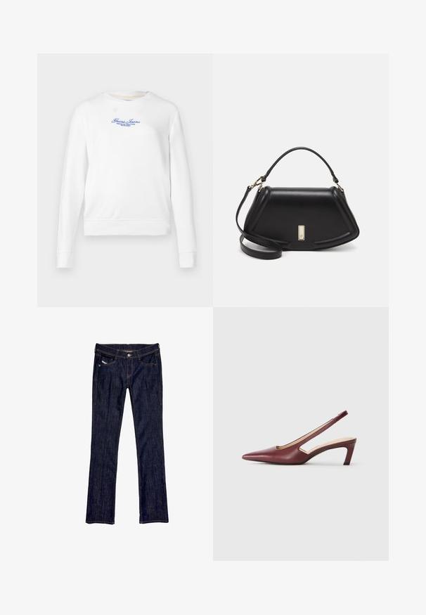 Sweatshirt blanc à manches longues, col rond, avec des poignets et un ourlet côtelés. Présente une broderie bleu avec le logo "Guess Jeans" sur le devant.; Jean en denim bleu foncé avec une coupe droite, dotée d'une fermeture à bouton à l'avant, de cinq poches et de coutures visibles le long des coutures.; Escarpins bordeaux à bride arrière avec un bout pointu, des découpes sur le côté et un talon bloc de hauteur moyenne. Finition en cuir lisse.; Sac à main en cuir noir avec un design structuré, featuring une forme cropped, une poignée supérieure et des accents en matériel doré. Bandoulière réglable incluse.