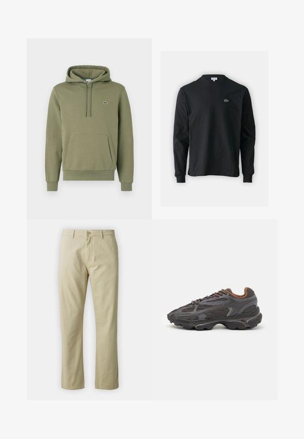 Sudadera verde oliva hecha de una mezcla de algodón. Cuenta con un bolsillo tipo canguro, capucha con cordón y un pequeño logo bordado en el pecho.; Camiseta de manga larga negra de algodón, con escote redondo y un pequeño logo de cocodrilo bordado en verde en el lado izquierdo del pecho.; Pantalones de algodón beige con un diseño de pierna recta, cierre frontal con botón y presillas para cinturón. Textura suave, sin patrones ni acentos visibles.; Zapatillas Lacoste en gris oscuro con material de malla y sintético, que cuentan con una suela texturizada y detalles en marrón en el cuello y la marca.