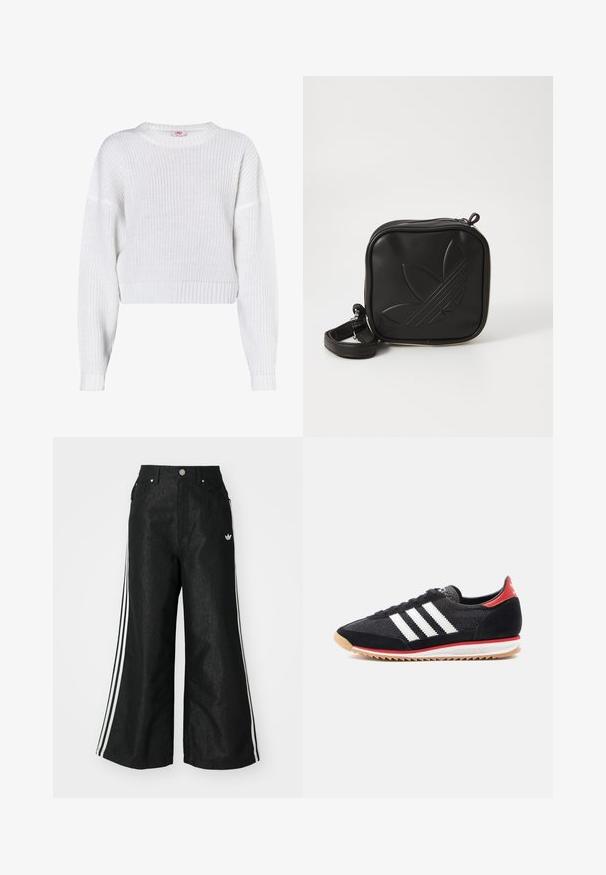 Biely pletený sveter s okrúhlym výstrihom, skráteným strihom, rebrovaným lemom a voľnými dlhými rukávmi. Textúrovaná tkanina s otvoreným tkaním.; Čierne džínsy s širokým strihom, s tromi bielymi pruhmi po stranách a malým bielym logom. Obsahujú predné vrecká a zapínanie na gombík.; Čierna športová obuv s bielymi pruhmi, semišovými detailmi a červenou pätou. Sieťovina na povrchu a gumová podrážka s svetlohnedým vzorom.; Čierna štvorec krossbody taška vyrobená z textúrovaného syntetického materiálu. Obsahuje embosovanú logo úpravu a nastaviteľný popruh. Zapínanie na zips.