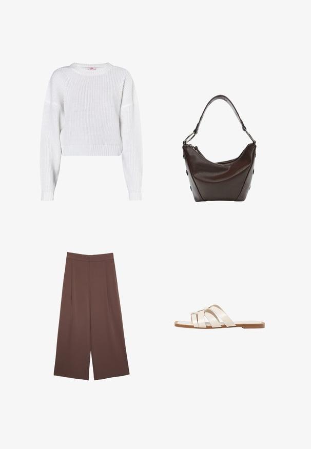 Biely pletený sveter s okrúhlym výstrihom, skráteným strihom, rebrovaným lemom a voľnými dlhými rukávmi. Textúrovaná tkanina s otvoreným tkaním.; Hnedé nohavice so širokými nohavicami a hladkou textúrou, s vysokým pásom a prednými skladmi. Tkanina je ľahká a voľne sa pohybuje.; Ploché sandále s hnedou gumovou podrážkou, navrhnuté s tromi prekrývajúcimi sa bielymi koženými popruhmi a malou mašličkou uprostred.; Tmavo hnedá kožená kabelka s zakriveným tvarom, so zipsom a krátkym uchom. Obsahuje kovové súčiastky a dekoratívne čierne gombíky na boku.