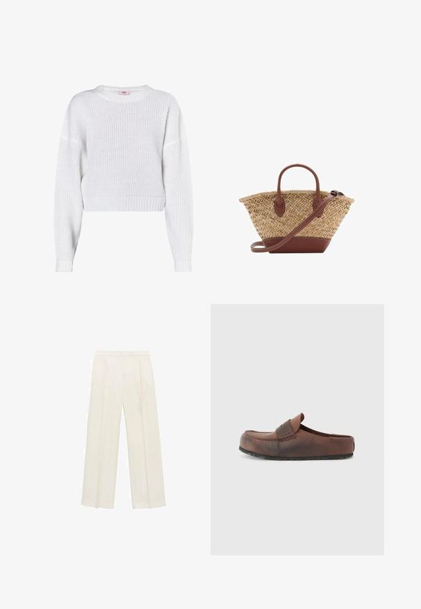 Pulover alb tricotat, cu guler rotund, design scurt, tiv cu nervuri și mâneci lungi, evazate. Material texturat, cu țesătură deschisă.; Pantaloni cu picioare largi, de culoare crem deschis. Realizați dintr-un material neted, cu plisuri în față și buzunare laterale.; Pantof brown din piele, cu vârf rotund, cusături decorative și talpă din cauciuc texturat. Design simplu și accente minime.; Geantă din paie împletită cu accente din piele maro, două mânere și curea detașabilă. Formă curbată cu o bază robustă.