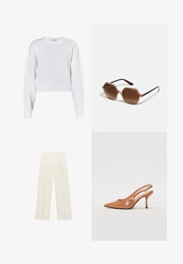 Biały sweter dzianinowy z okrągłym dekoltem, skróconym krojem, ściągaczem na dole oraz luźnymi, długimi rękawami. Teksturowana tkanina z otwartym splotem.; Spodnie o szerokich nogawkach w jasnym kolorze kremowym. Wykonane z gładkiego materiału, z plisami z przodu i bocznymi kieszeniami.; Sandały na obcasie z kwadratowym noskiem, wykonane z gładkiego, błyszczącego materiału w kolorze brązowym. Charakteryzują się zaokrąglonym wycięciem i smukłym obcasem typu stiletto. Detal w postaci srebrnej klamry.; Szesterokątne okulary przeciwsłoneczne z brązowymi gradientowymi soczewkami, przezroczystą beżową oprawką i ciemnobrązowymi ramionami. Posiadają branding "vogue" z boku.