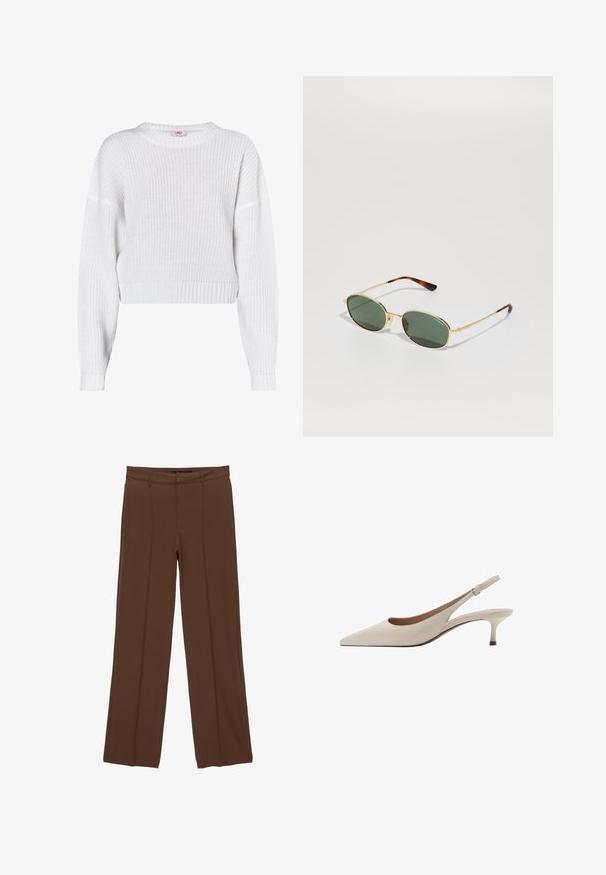 Bílý pletený svetr s kulatým výstřihem, zkráceným střihem, žebrovaným lemem a volnými dlouhými rukávy. Strukturovaná látka s otevřeným tkaním.; Hnědé široké kalhoty vyrobené z hladké látky, s plochým předním zdvihem, dvěma předními kapsami a záhyby pro upravený vzhled.; Béžové lodičky na podpatku s špičatou špičkou a nízkým rozšířeným podpatkem. Vyrobené z hladké kůže s minimalistickým designem a nastavitelným páskem.; Oválné sluneční brýle s tmavě zelenými skly. Rám z kovu ve zlaté barvě a hnědé želvovinové akcenty na spáncích. Minimalistický design.; Hnědá kožená crossbody taška s logem, zlatým řetízkem, zipovým uzávěrem a zlatými akcenty. Kompaktní a obdélníkový tvar.