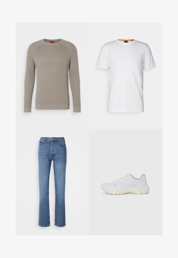 Szary sweter dzianinowy o teksturowanym wzorze, z długimi rękawami i ściągaczem. Posiada okrągły dekolt i subtelne tonalne przeszycia.; Biała bawełniana koszulka z okrągłym dekoltem, krótkimi rękawami oraz subtelnie wytłoczonym logo na klatce piersiowej. Wewnętrzna metka ma pomarańczowy akcent.; Niebieskie dżinsy o wysokim stanie, prostym kroju nogawek i subtelnych przetarciach. Posiadają klasyczny pięciopakowy styl oraz zamek błyskawiczny.; Białe sportowe buty wykonane z siateczki i zamszu, z teksturowaną podeszwą środkową, teksturowanymi akcentami i logo "HUGO" z boku.