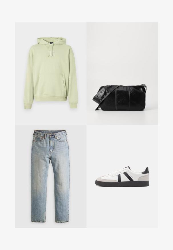 Sudadera con capucha verde claro hecha de tejido suave, con un bolsillo frontal y el logo "GAP" en blanco. Mangas y dobladillo acanalados.; Jeans de mezclilla azul claro de cintura alta, con botón frontal, cremallera y diseño de cinco bolsillos, dispuestos sobre un fondo neutro.; Zapatilla blanca con acentos en negro y gris, que presenta una puntera texturizada en gris, suela de goma negra y cordones planos blancos. Diseño limpio, estilo minimalista.; Bolso de hombro de cuero negro con cierre de cremallera, que presenta un cuerpo texturizado, costuras blancas y una correa con ojales plateados.